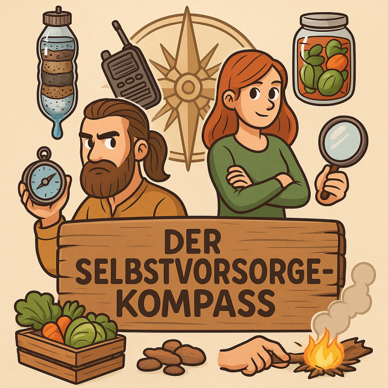 Der Selbstvorsorge-KOMPASS Illustration mit einem Mann und einer Frau, die Selbstversorgungstechniken darstellen.
